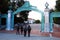 Students and visitors walk through the historic Sather gates