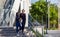 Students walk the stairways on campus, a couple walking down into the ground for extra education