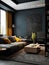 Studio apartment with black walls. Interior design of modern living room