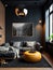 Studio apartment with black walls. Interior design of modern living room