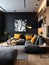 Studio apartment with black walls. Interior design of modern living room