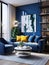 Studio apartment with blue sofa and chairs. Interior design of modern living room