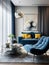 Studio apartment with blue sofa and chairs. Interior design of modern living room