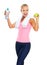 Studio, athlete and portrait of woman with apple and water bottle for hydration of female person. White background