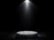 Studio dark room with concrete stone stage or podium and spot lighting and fog or mist on concrete floor grunge texture in backgro