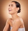 Studio face, laugh and beauty woman with luxury facial cosmetics, natural makeup and skincare glow. Dermatology