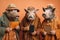 Studio group photo portrait of four boars dressed in bright colored clothes, created with Generative AI technology