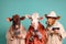 Studio group photo portrait of four cows dressed in bright colored clothes, created with Generative AI technology
