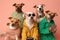 Studio group photo portrait of four dogs dressed in bright colored clothes, created with Generative AI technology