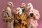 Studio group photo portrait of four ducks dressed in bright colored clothes, created with Generative AI technology