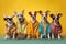 Studio group photo portrait of four five dogs dressed in bright colored clothes created with Generative AI technology