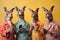 Studio group photo portrait of four five kangaroos in bright colored clothes, created with Generative AI technology