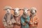 Studio group photo portrait of four five sheeps dressed in bright colored clothes, created with Generative AI technology