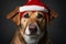 studio headshot portrait of mixed breed fawn color rescue dog looking forward wearing a Santa hat Ai Generated