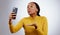 Studio, kiss or black woman taking selfie on social media with confidence, post or smile online. African lady, memory or