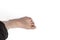 studio lighting. a human leg on a white background. The finger is strongly curved, deformed. Close-up