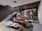 Studio loft design with staircase and dark brick wall. Living room with burgundy upholstered furniture and a modern kitchen