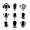 Studio microphone vector set. Grunge Podcast concept. Live music. Karaoke icon. Speaker symbol.