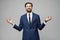 Studio photo of meditative young handsome stylish businessman wearing suit