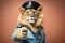 Studio photo portrait of a happy lion in police office, created with Generative AI technology