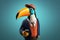 Studio photo portrait of a happy toucan in business clothes, created with Generative AI technology