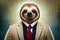 Studio Photo Portrait Of A Sloth In Business Clothes, Concept Of Humor And Professionalism, Technology. Generative AI