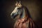 Studio photo portrait of unicorn dressed in 19th century, created with Generative AI technology