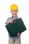 Studio picture of a young happy future builder in a beautiful blue checkred shirt and yellow helmet, holding toolbox