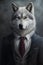 Studio portrait of angry bold wolf in suit, shirt, tie