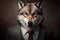 Studio portrait of angry bold wolf in suit, shirt, tie