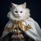 Studio portrait of a beautiful white cat wearing a yellow scarf on grey background.