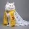 Studio portrait of a beautiful white cat wearing a yellow scarf on grey background.