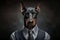 Studio portrait of bold angry doberman dog in suit white shirt and tie in sunglasses