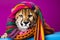 Studio portrait of a cheetah wearing knitted hat, scarf and mittens. Colorful winter and cold weather concept