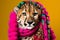 Studio portrait of a cheetah wearing knitted hat, scarf and mittens. Colorful winter and cold weather concept