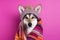 Studio portrait of a coyote or wolf wearing knitted hat, scarf and mittens. Colorful winter and cold weather concept