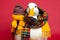 Studio portrait of a duck wearing knitted hat, scarf and mittens. Colorful winter and cold weather concept