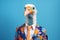 Studio portrait of a funky anthropomorphic turkey wearing a colorful suit jacket