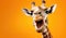 Studio Portrait of Funny and Excited Giraffe on Orange Background with Shocked or Surprised Expression and Open Mouth