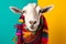 Studio portrait of a goat wearing knitted hat, scarf and mittens. Colorful winter and cold weather concept