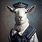 Studio portrait of goat wearing sailor uniform, Sea travel. Generative AI