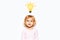 Studio portrait of happy child girl looking up on light bulb of yellow color; having new idea. White background.