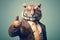 Studio portrait of happy tiger in a business suit thumb up, created with Generative AI technology