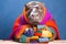 Studio portrait of a hippopotamus wearing knitted hat, scarf and mittens. Colorful winter and cold weather concept