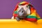 Studio portrait of a hippopotamus wearing knitted hat, scarf and mittens. Colorful winter and cold weather concept