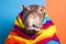 Studio portrait of a hippopotamus wearing knitted hat, scarf and mittens. Colorful winter and cold weather concept