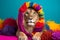 Studio portrait of a lion wearing knitted hat, scarf and mittens. Colorful winter and cold weather concept