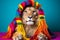 Studio portrait of a lion wearing knitted hat, scarf and mittens. Colorful winter and cold weather concept