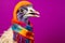 Studio portrait of an ostrich wearing knitted hat, scarf and mittens. Colorful winter and cold weather concept