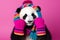 Studio portrait of a panda wearing knitted hat, scarf and mittens. Colorful winter and cold weather concept